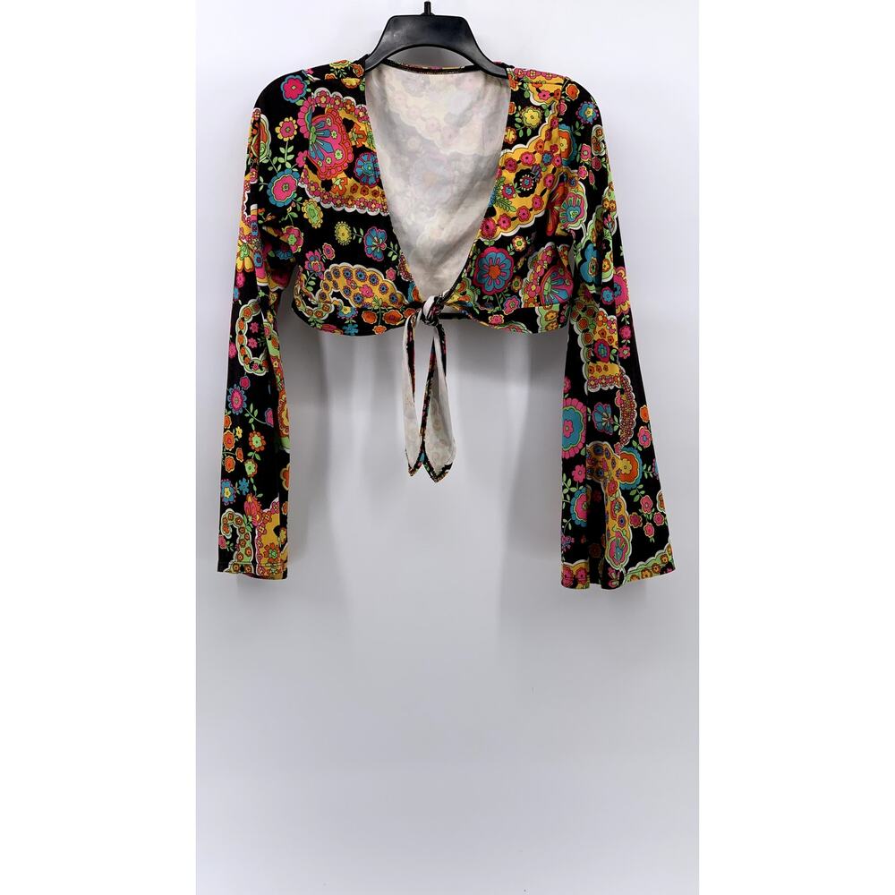 LEG AVENUE Women’s Black-Multi Paisley Retro Long Sleeve Crop Top SZ M/L